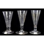 Three 18th century ale glasses, two examples with engraved conical bowls depicting grapes and vine