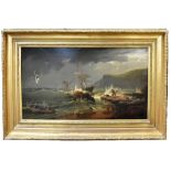 E BERTHELEMY; oil on canvas, coastal scene with figures saving those escaping a capsize, signed