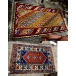 A hand woven kilim with geometric design, 295 x 157cm, also a small hand knotted woollen rug