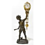 A 19th century patinated spelter mystery clock, modelled in the form of a boy holding a club,
