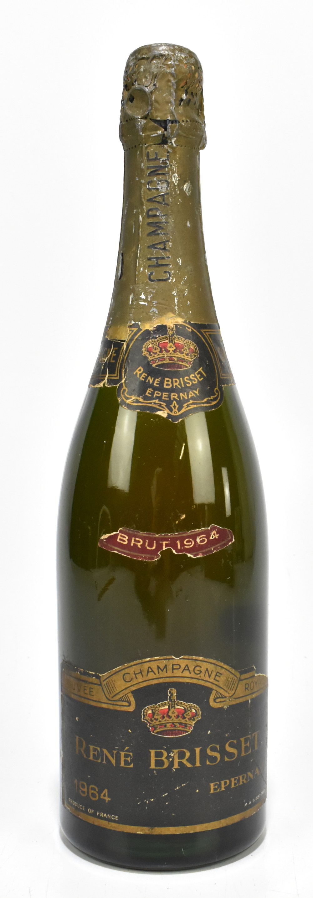 CHAMPAGNE; a single bottle of Rene Brisset Brut 1964 Vintage Champagne.Additional InformationHeavy