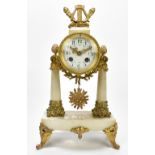An early 20th century gilt metal and marble mantel clock, the circular enamelled dial with floral