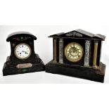 A Victorian slate mantel clock with central inlaid and malachite panels, the circular enamelled dial