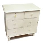 A painted pine chest of two short and two long drawers on turned supports, length 85cm, depth