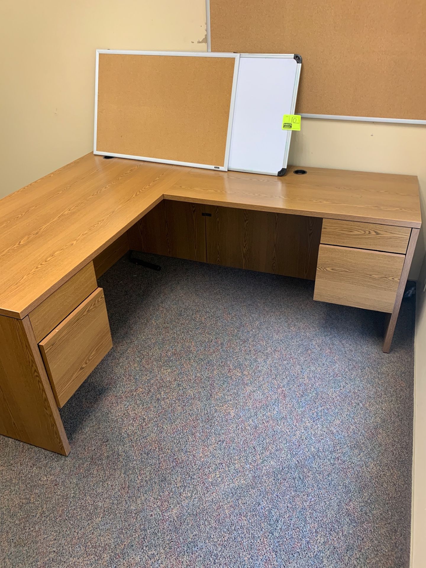 desk, (2) cork boards, white board, file storage