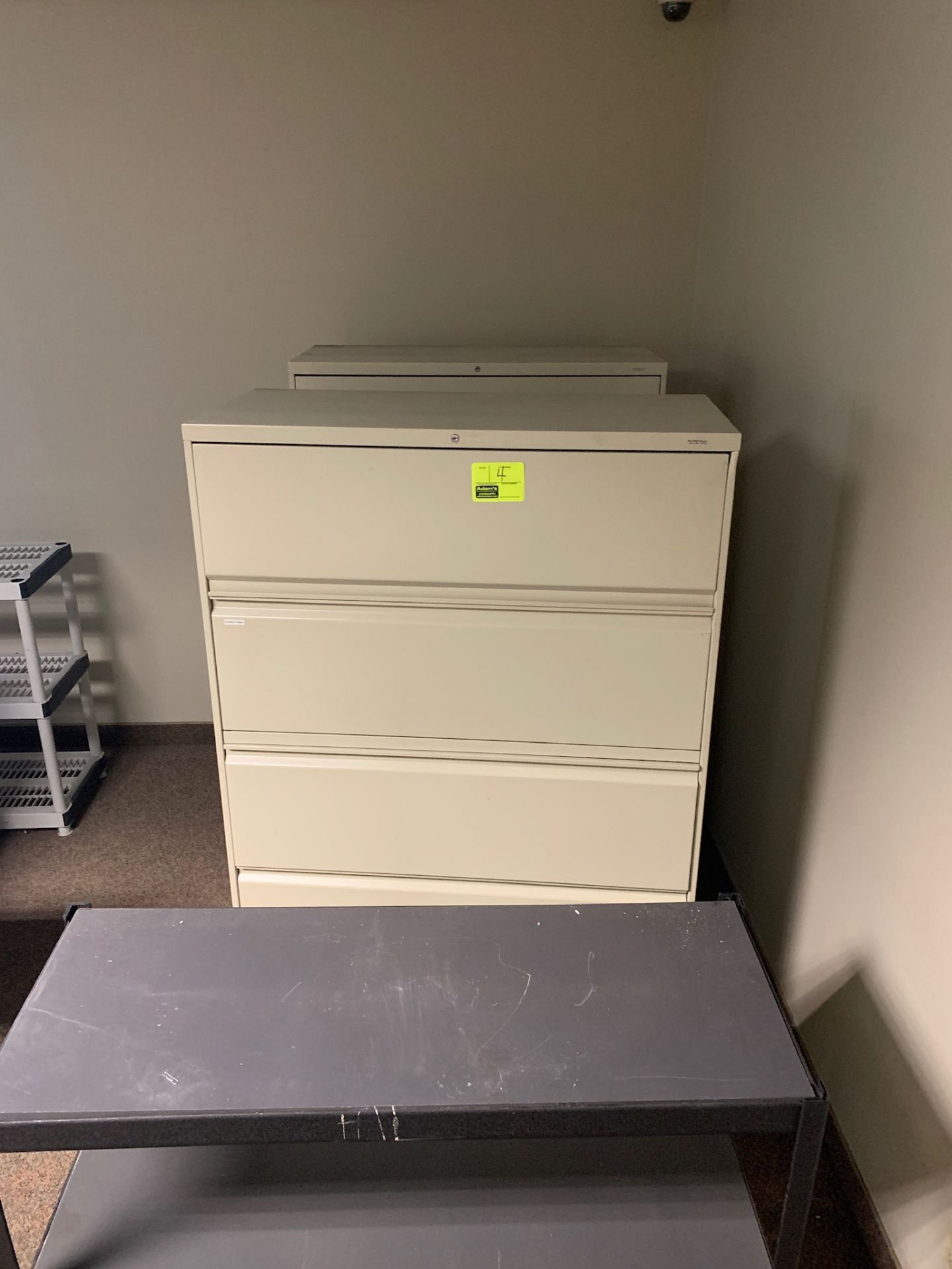 (2) - 5 Drawer filing cabinets, metal shelf, (4) tire chokes