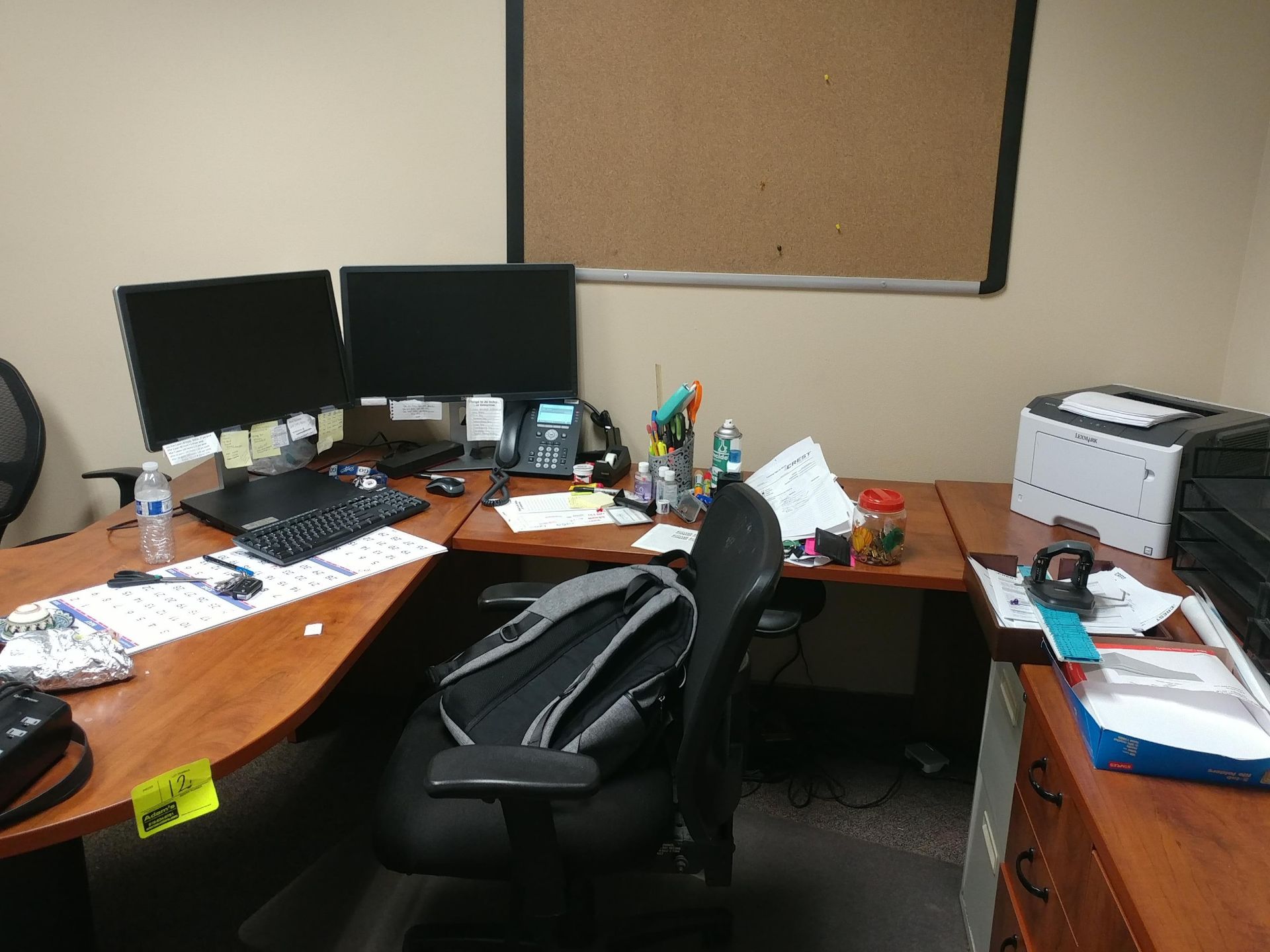 desk, office chair, printer (2) monitors, keyboard