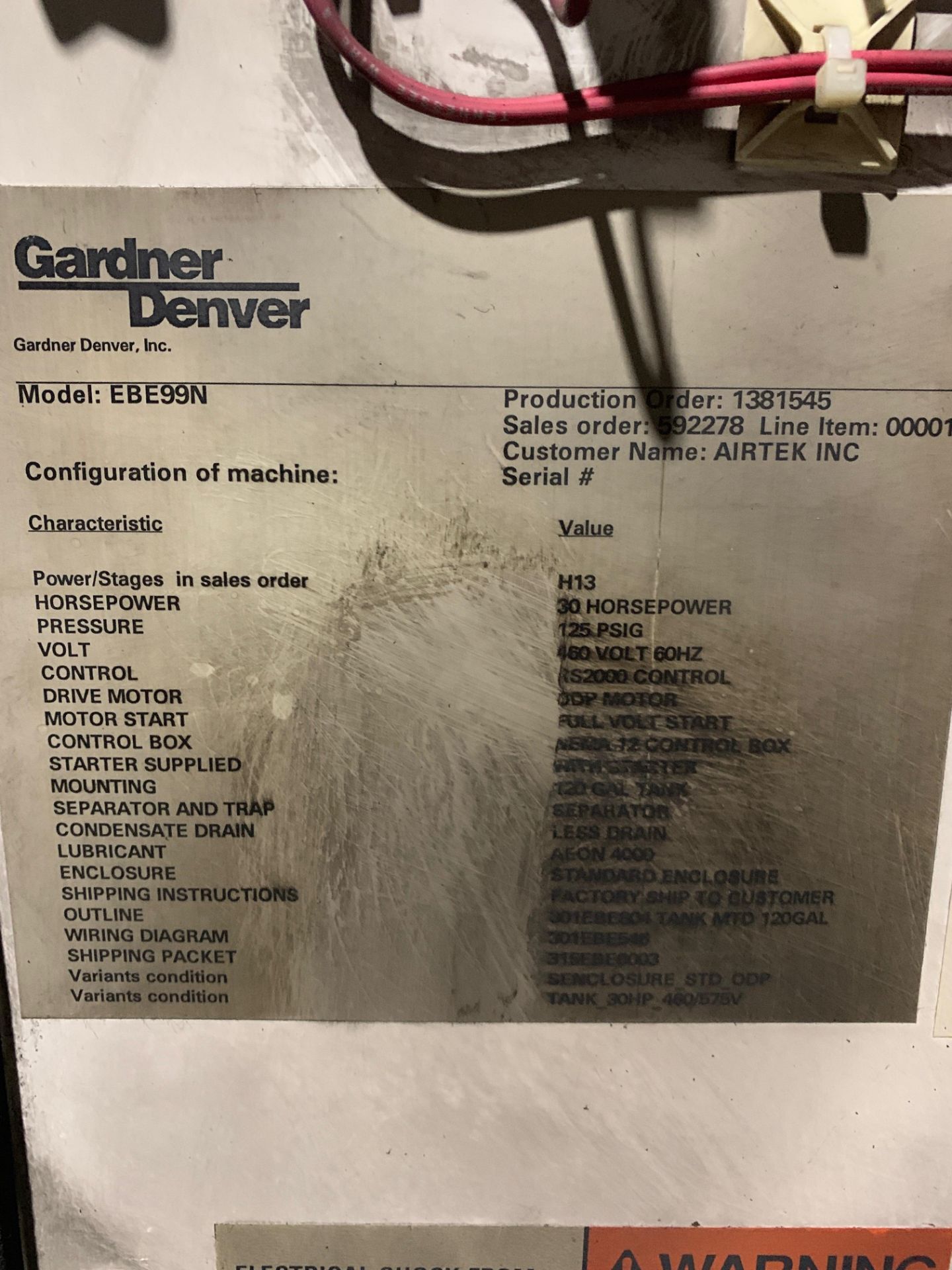 Gardner Denver Air Compressor; Model: EBE99 in30 HP; Buyer responsible for disconnecting and loading - Image 2 of 2