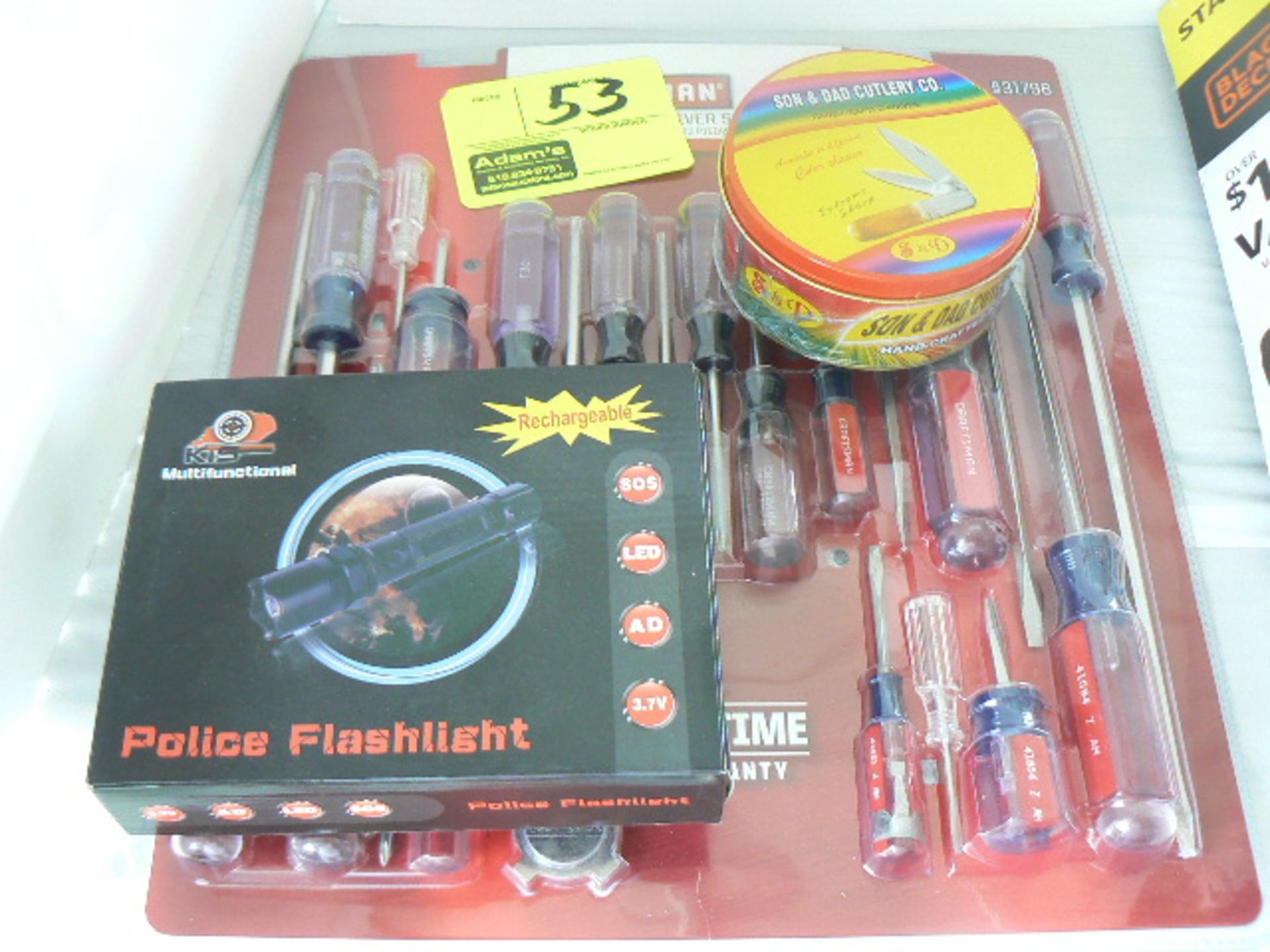 CRAFTSMAN SCREWDRIVER SET, SON & DAD POCKET KNIVES, POLICE FLASHLIGHT