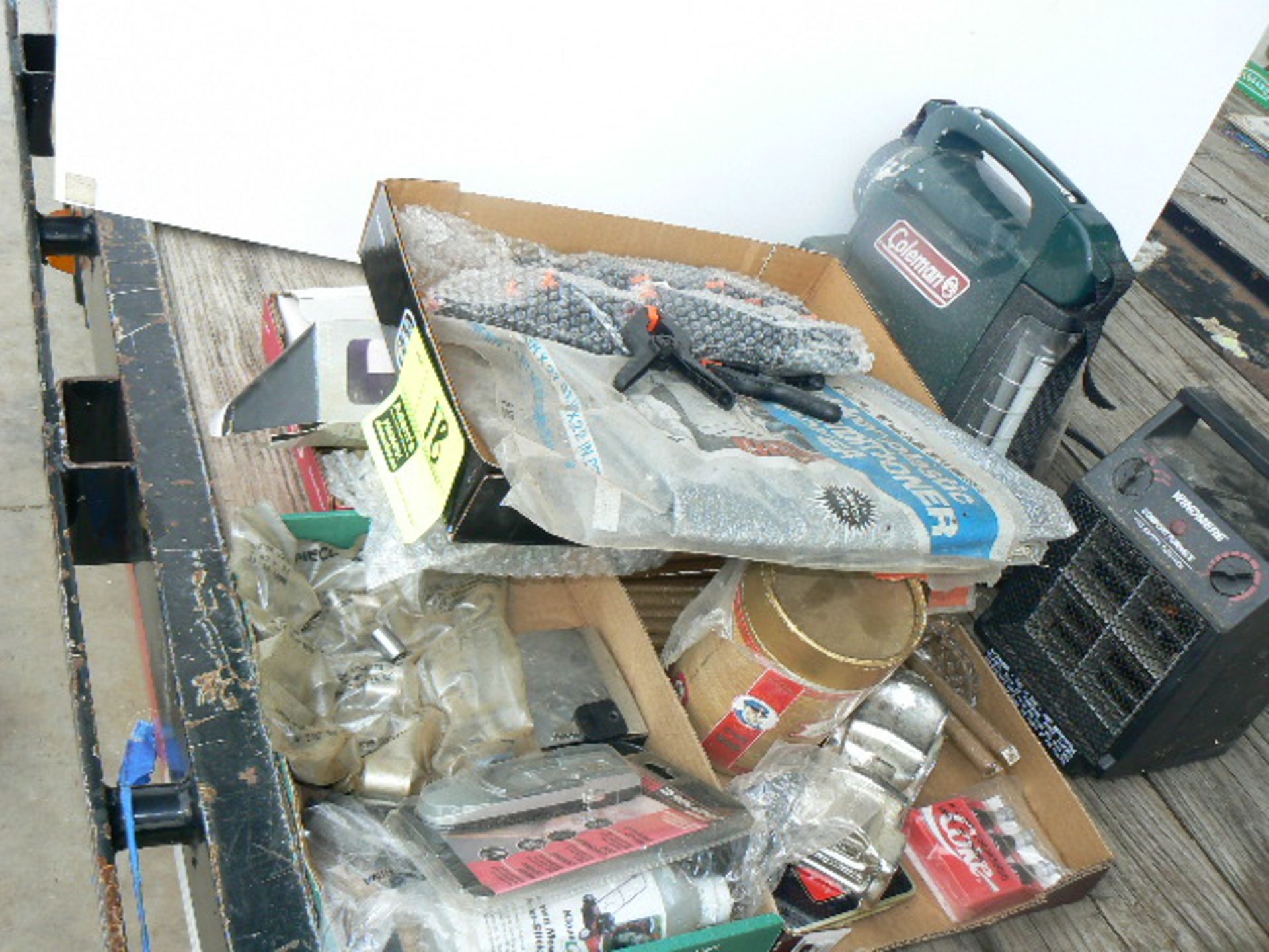 HEATER, COLEMAN RADIO FLASHLIGHT, SOCKETS, NEW CLAMPS, ETC.