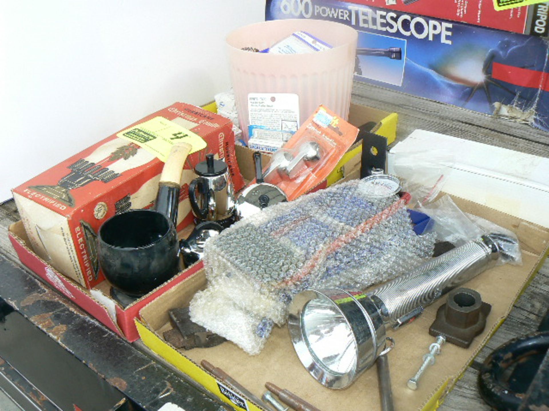 (3) FLATS WITH NEW BICYCLE PUMP, FLASHLIGHTS, TEASET, TIMERS, CURLERS