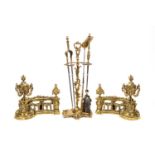 6PC POLISHED BRASS & STEEL FIREPLACE SET