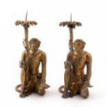 PAIR, CAST BRONZE MONKEY FORM CANDLESTICKS