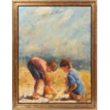 SUSIE PRYOR "GRANT AND JESSIE" BEACH SCENE OIL