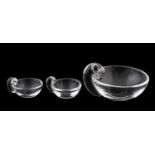 THREE, STEUBEN CRYSTAL OLIVE DISHES, SNAIL HANDLE