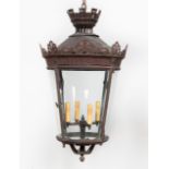 UNUSUAL TOLE & GLASS FOUR LIGHT LANTERN CHANDELIER