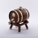 ENGLISH OAK & SILVER WHISKY KEG ON STAND