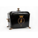 19TH C. ENGLISH ARMORIAL TOLE COAL SCUTTLE