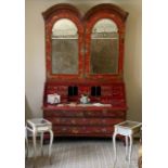 18TH C. SCARLET JAPANNED DOUBLE BONNET SECRETARY