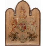 19TH C. FRAMED ROYAL ARMORIAL NEEDLEWORK FRAGMENT