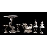 ENGLISH, SIX SILVER PLATE DOLPHIN TABLEWARE PIECES
