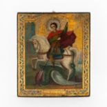 19TH C. RUSSIAN ICON, SAINT GEORGE SLAYING DRAGON