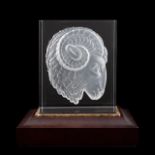 STEUBEN CRYSTAL RAM'S HEAD SCULPTURE ON STAND