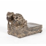 CHINESE HARDSTONE DOUBLE GUARDIAN LION INKWELL