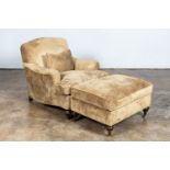 CAPERTON GOLD UPHOLSTERED CLUB CHAIR, OTTOMAN