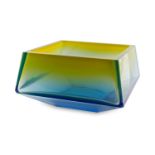 MOSER "CITY" SQUARE ART GLASS BOWL, BLUE & YELLOW