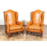 PAIR, CARAMEL LEATHER WING BACK CHAIRS