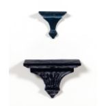 TWO BLUE VELVET COVERED WALL BRACKETS, CREEL & GOW