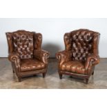 PAIR, TUFTED BROWN LEATHER WINGBACK CHAIRS