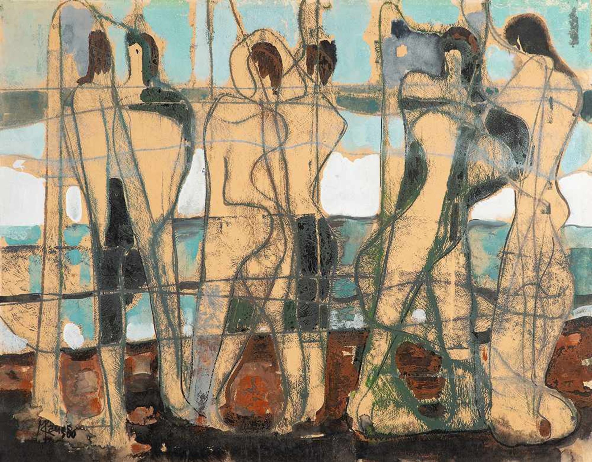 Max Kaus (1891 – Berlin – 1977)Figuren am Meer.Mischtechnik auf Karton. 1950.