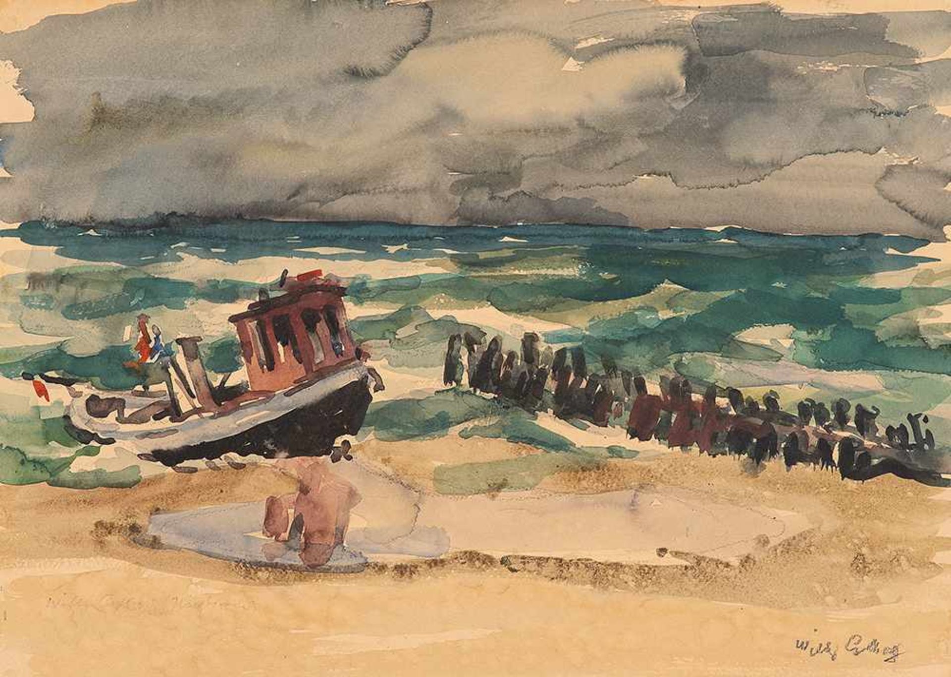 Willy Colberg (1906 – Hamburg – 1986)Fischerboot an der Ostsee.Aquarell auf Bü