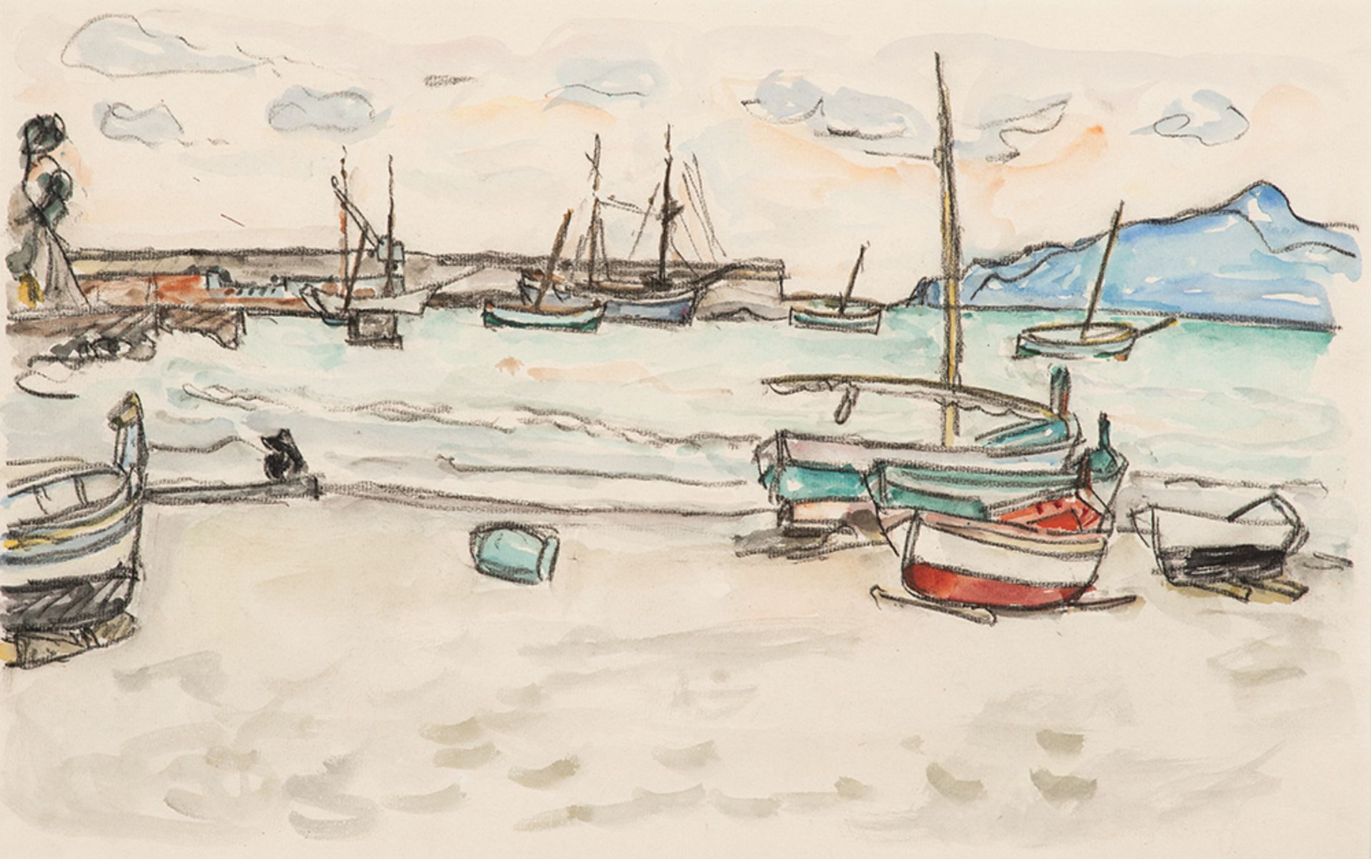 Ivo Hauptmann (1886 Erkner – 1973 Hamburg)Boote am Strand.Aquarell und Kohlezeich