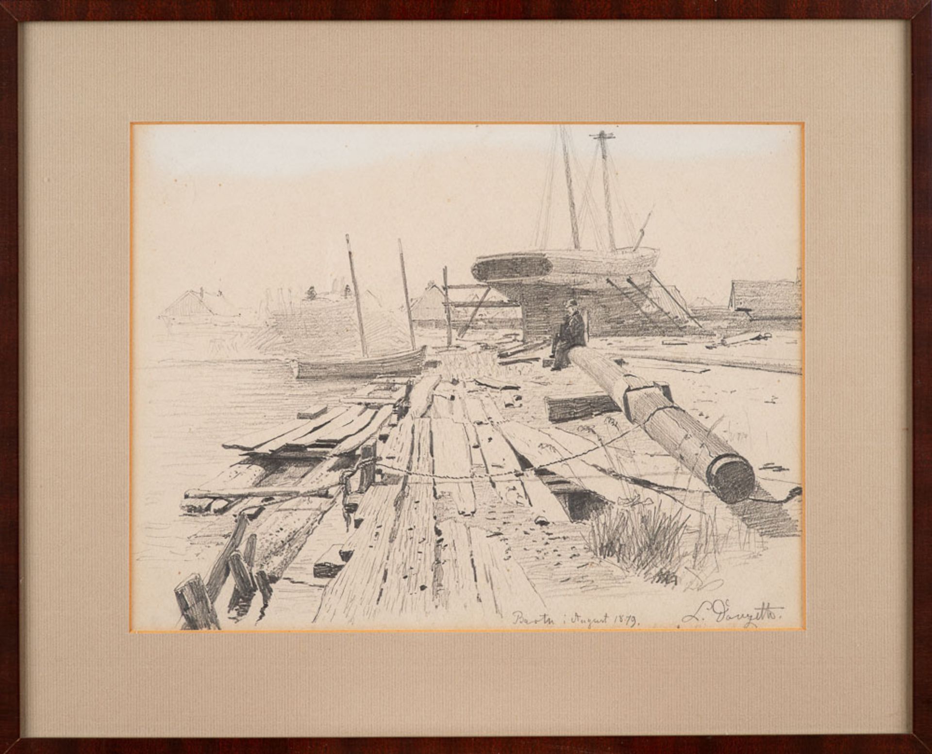 Louis Douzette (1834 Tribsees – 1924 Barth)Im Dock (Barth).Bleistift auf Papier. - Bild 2 aus 2