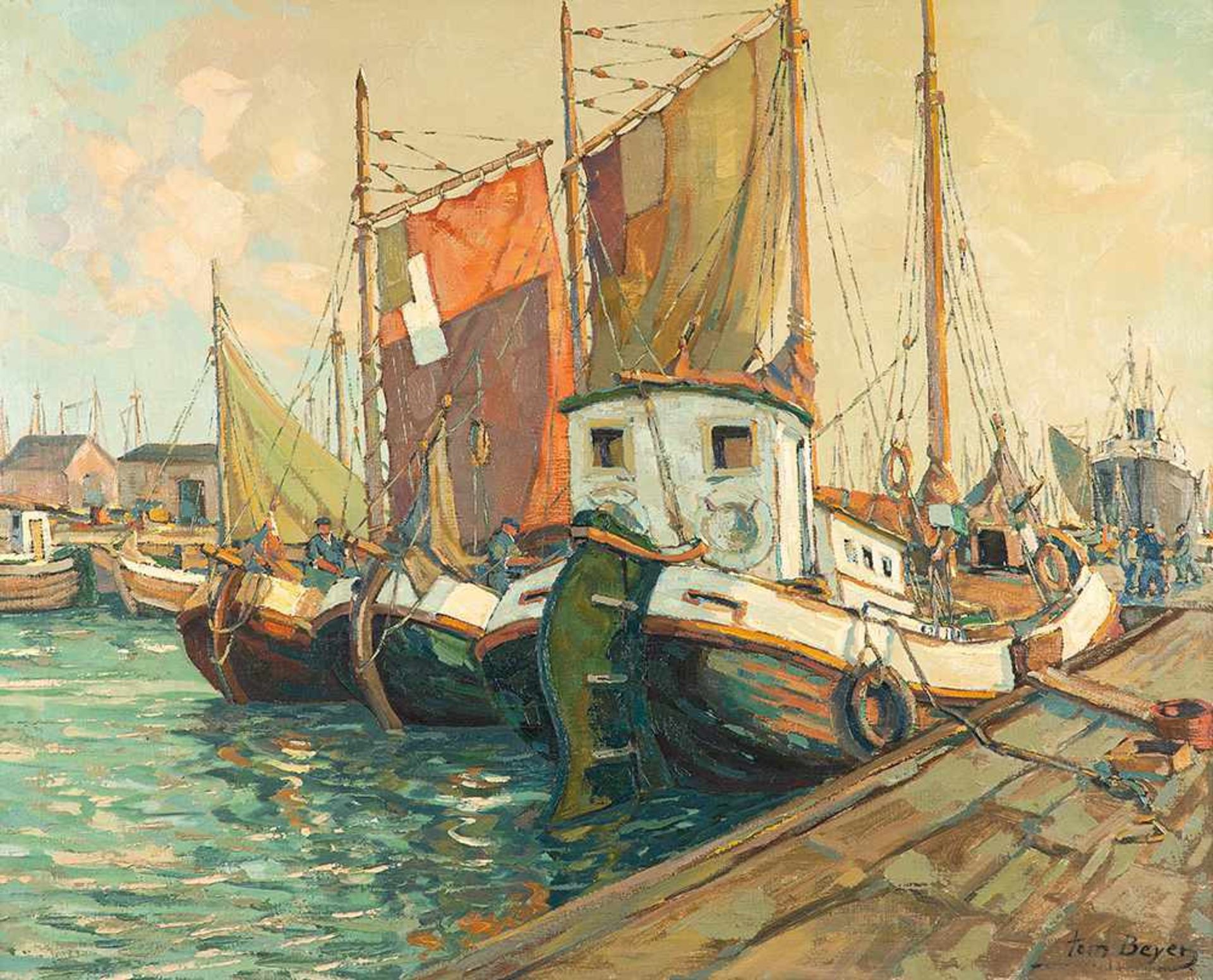 Tom Beyer (1907 Münster – 1981 Stralsund)Im Hafen.Öl auf Leinwand. 1960. 800 x