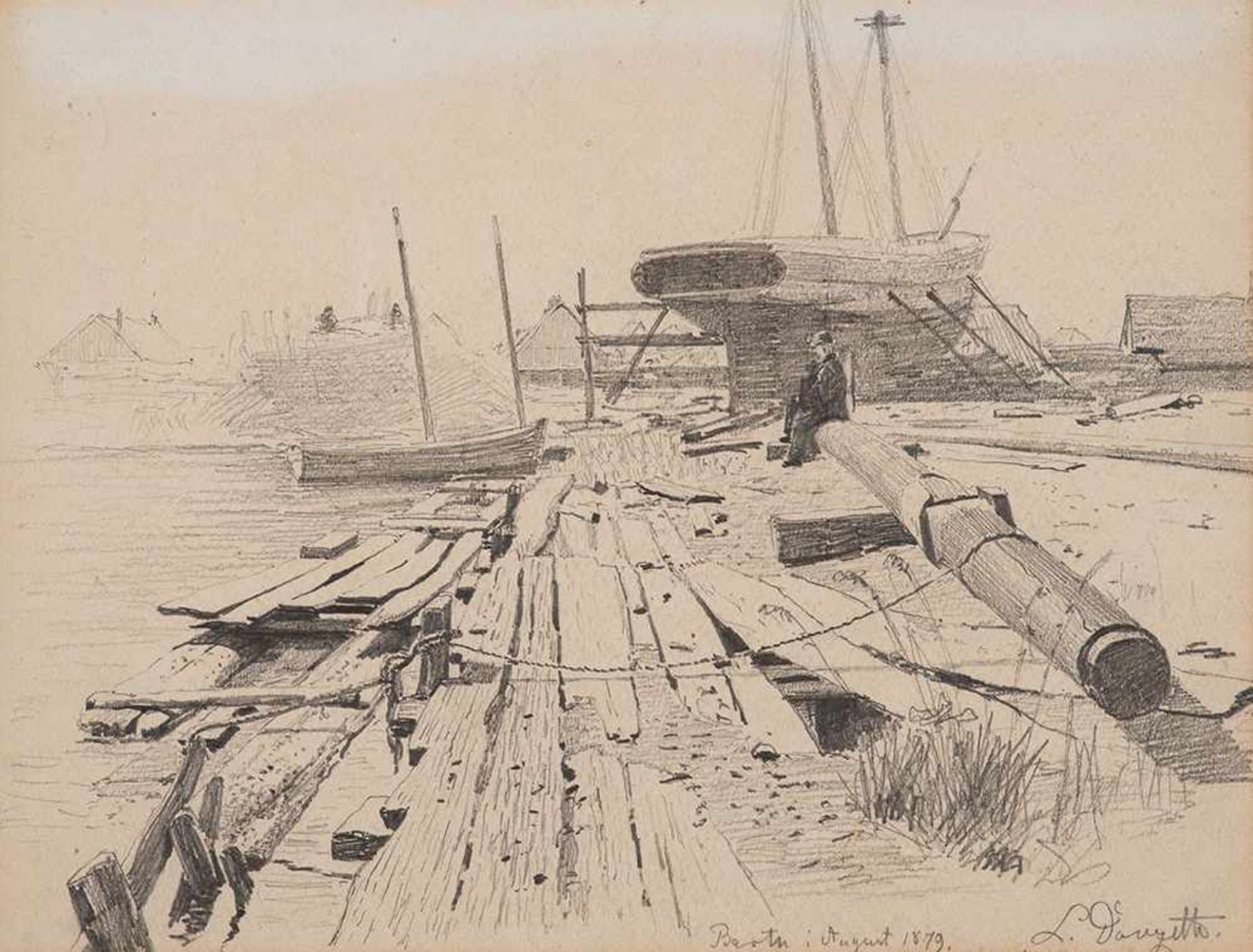 Louis Douzette (1834 Tribsees – 1924 Barth)Im Dock (Barth).Bleistift auf Papier.