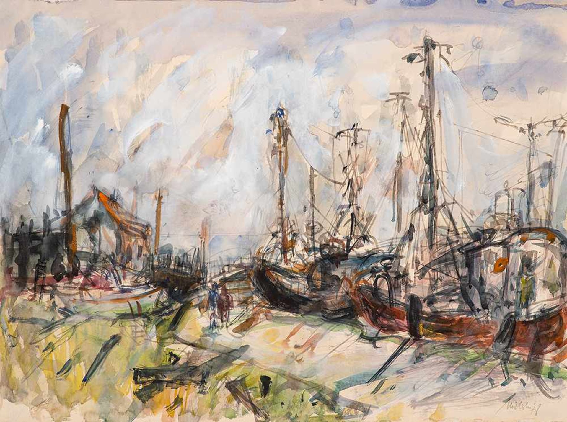 Heinz Mutterlose (1927 – Schkeuditz – 1995)Schiffe im Hafen I, Insel Poel.Aquar