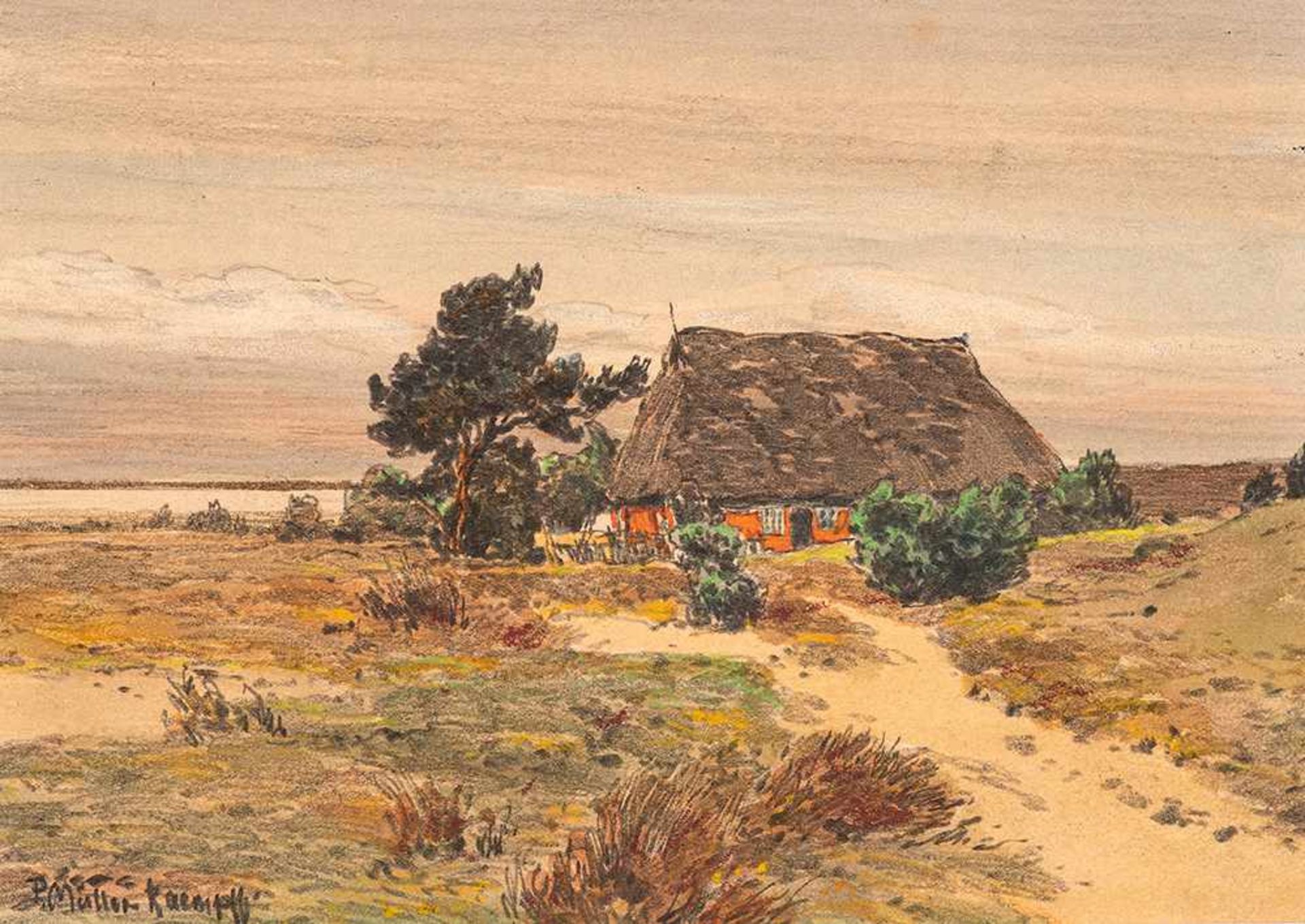 Paul Müller-Kaempff (1861 Oldenburg – 1941 Berlin)Gehöft am Bodden.Bleistiftzei