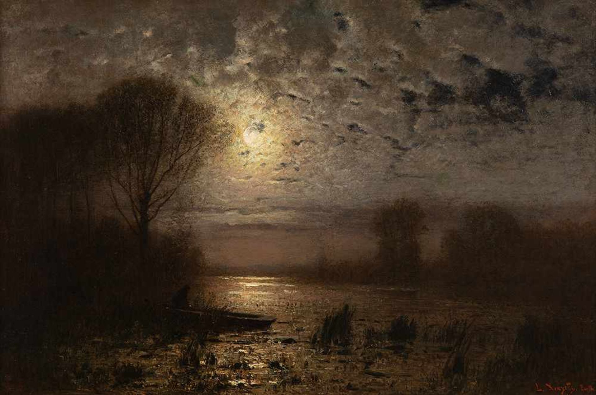 Louis Douzette (1834 Tribsees – 1924 Barth)Barther Bodden bei Nacht.Öl auf Leinw
