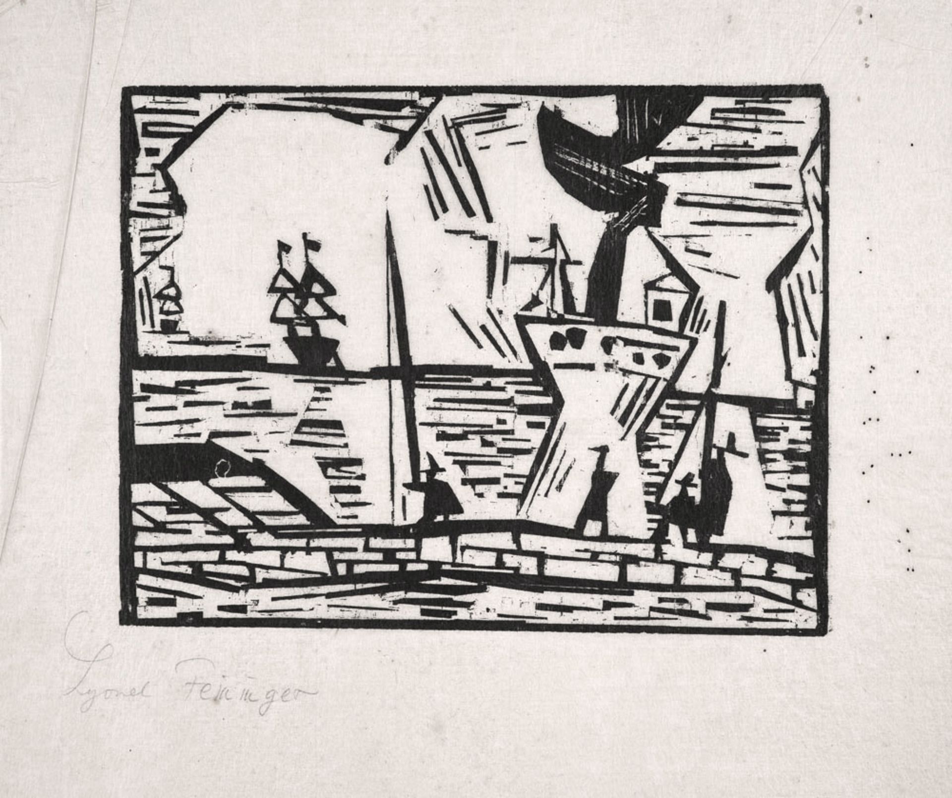 Lyonel Feininger (1871 – New York – 1956)Auf der Quaimauer.Holzschnitt auf Japa