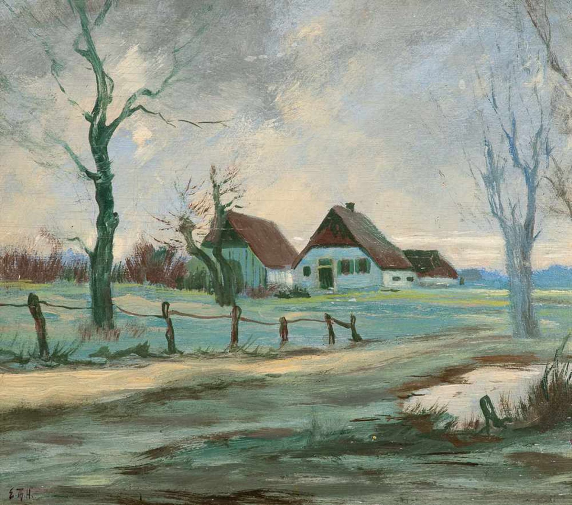 Erich Theodor Holtz (1885 Storkow – 1956 Wustrow)Gehöft in Wieck Darß.Öl auf M