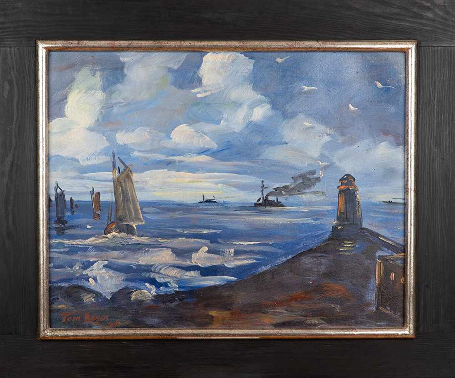 Tom Beyer (1907 Münster – 1981 Stralsund)An der Mole.Öl auf Malkarton. Um 1950. - Bild 2 aus 3