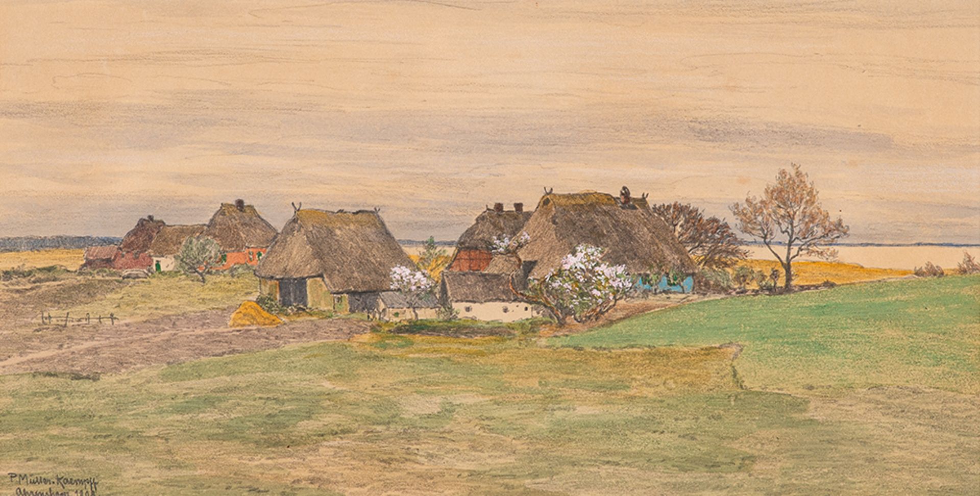 Paul Müller-Kaempff (1861 Oldenburg – 1941 Berlin)Frühling im Dorf.Bleistiftzei