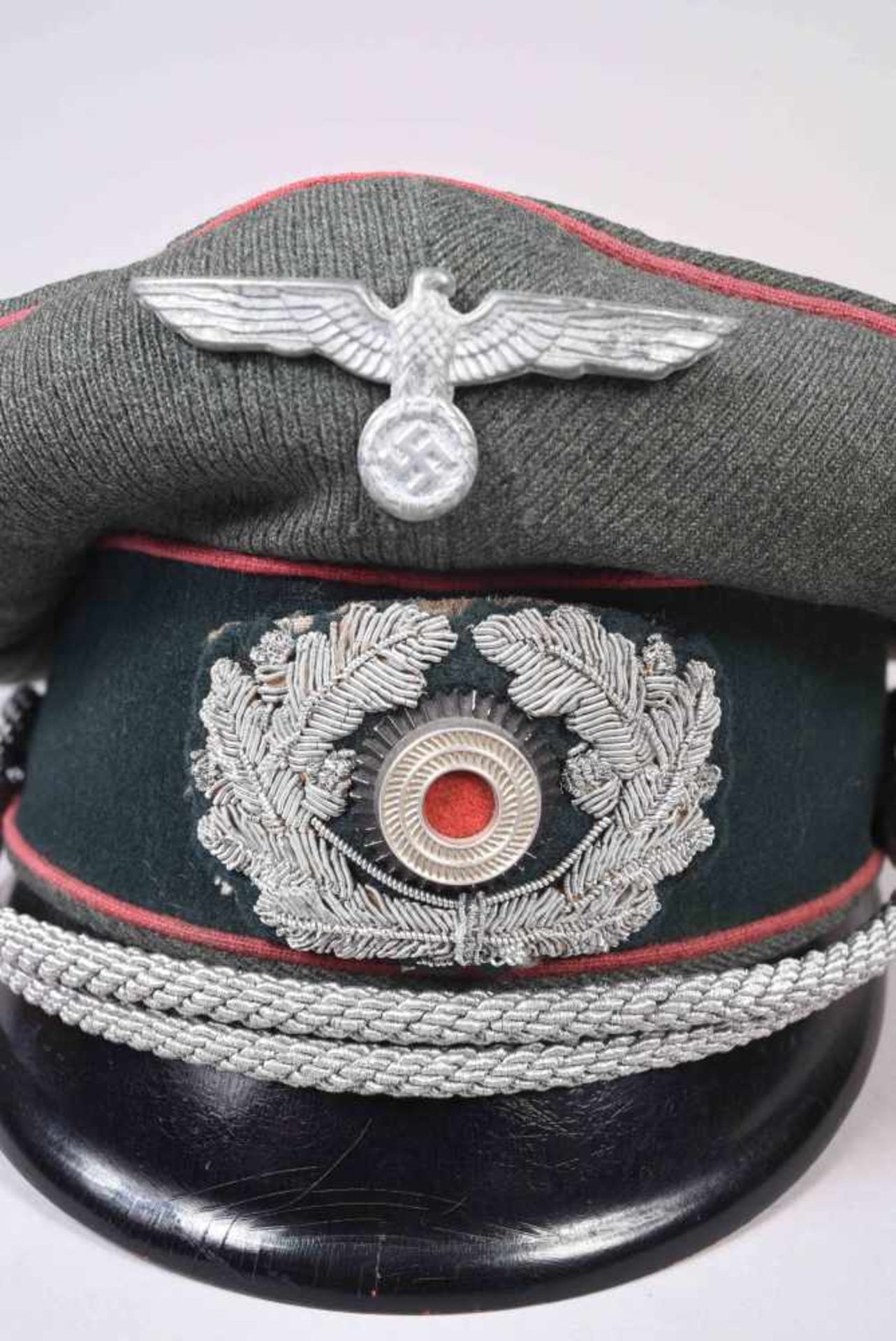 Schirmmütze d’officier de Panzer, en drap feldgrau, bandeau vert foncé, liseré rose, aigle - Bild 5 aus 6