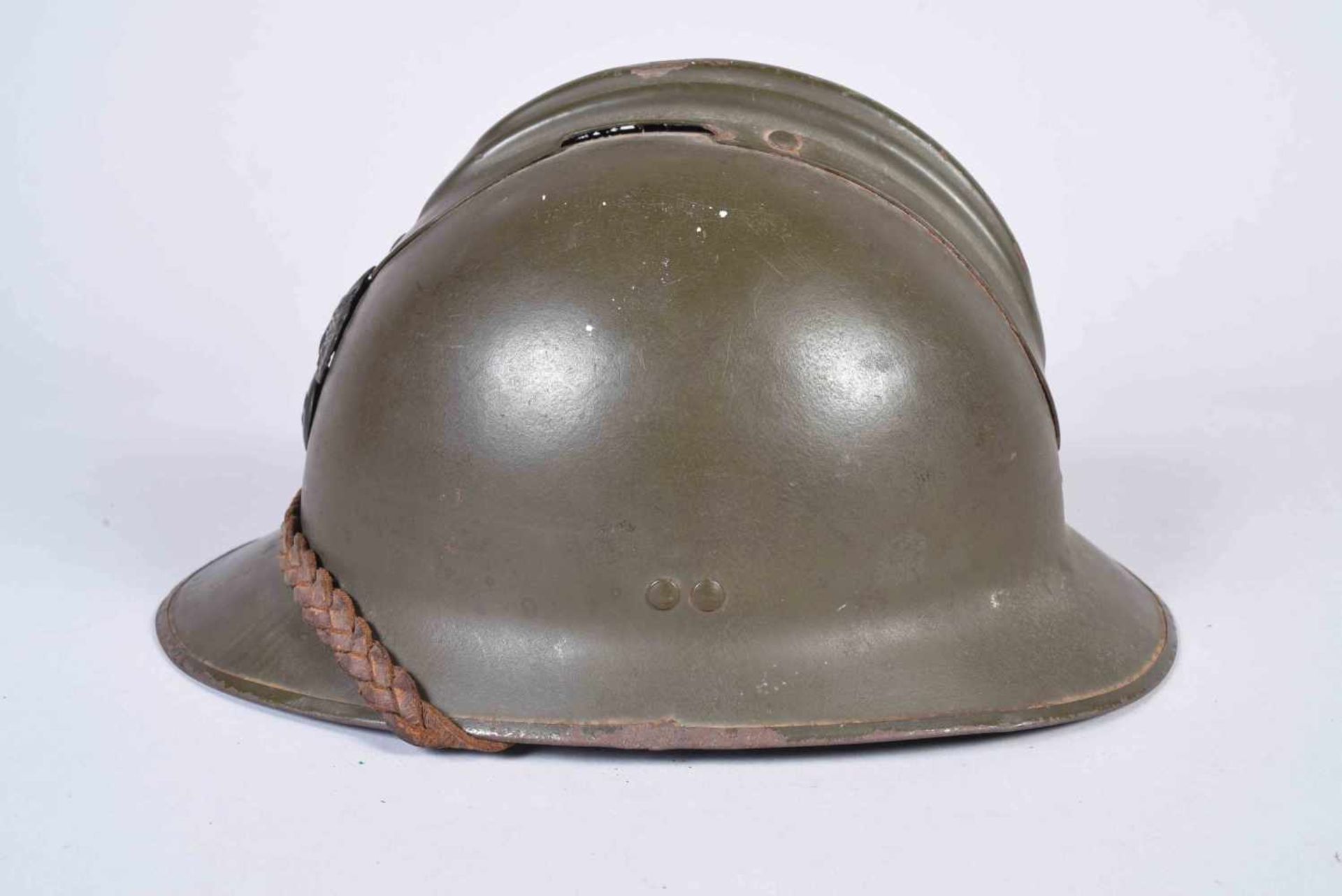 Casque Adrian modèle 26. Attribut infanterie Modèle 15 Fabricant Carpentier. Coque B. Peinture verte - Bild 2 aus 6