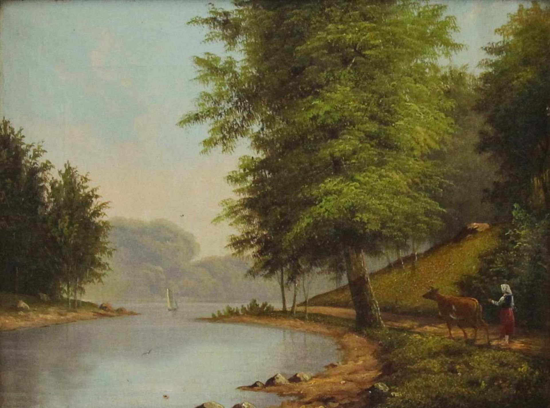 Landschaftsmaler (20. Jhd.) - Öl auf Leinwand, "Seenlandschaft mit einer Hütemagd am Ufer, ihr - Bild 2 aus 3