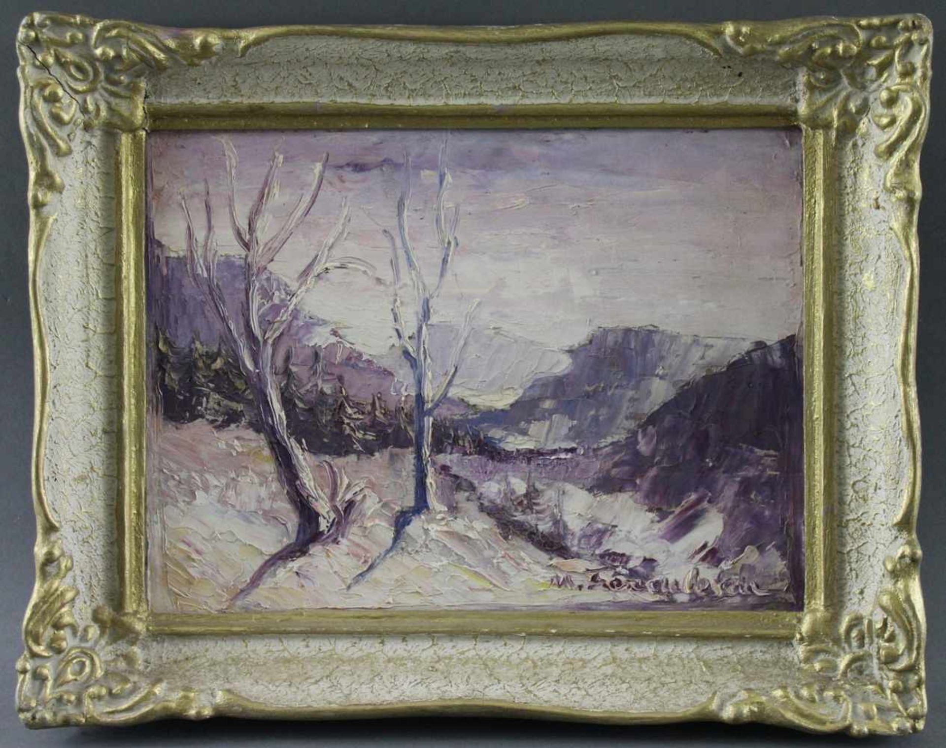 Maria Franculescu (1922 - ?) - Öl auf Malkarton, "Winter in den Tälern um Covasna", 1968, unten